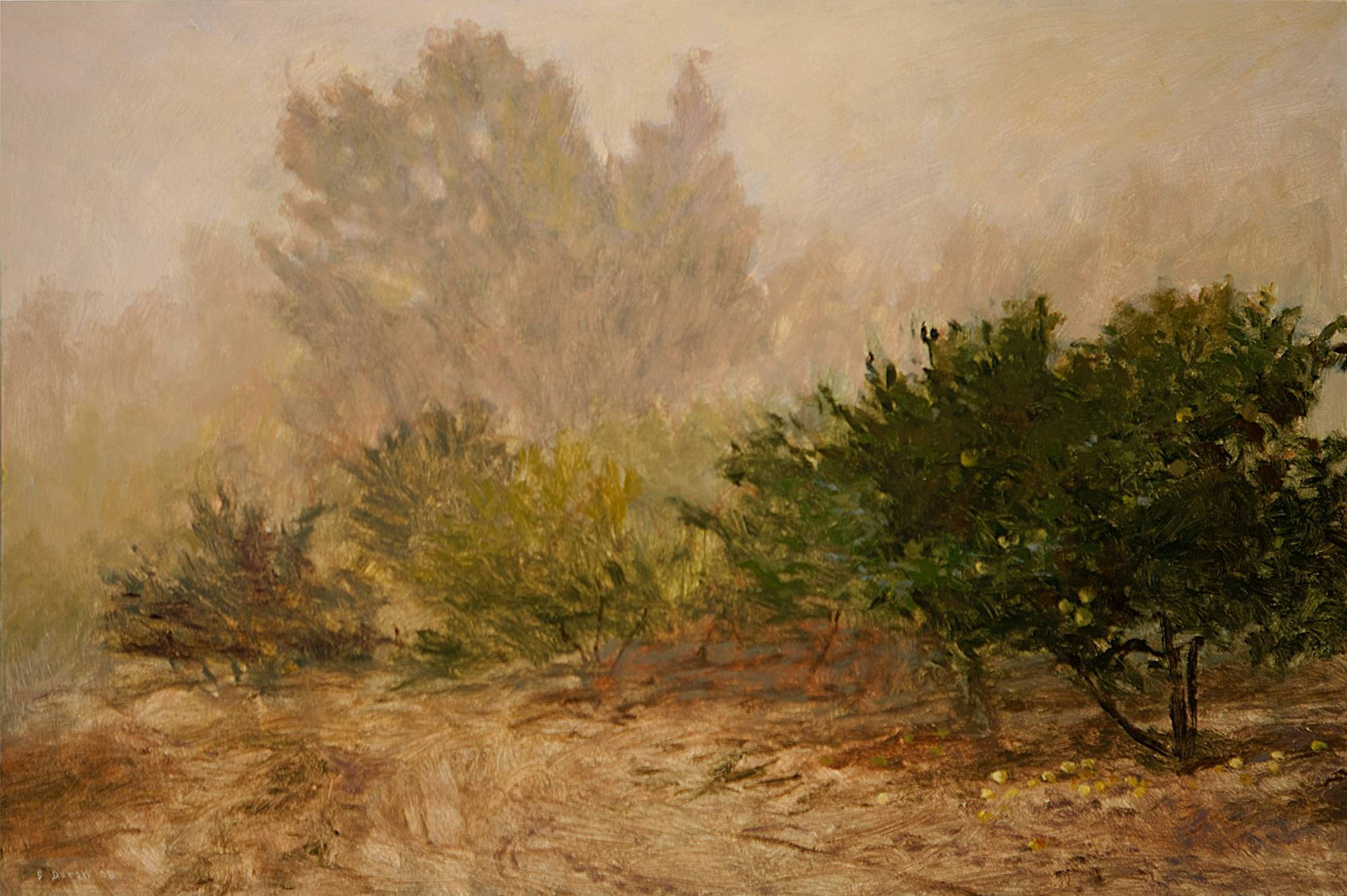 Painting of a foggy orchard.